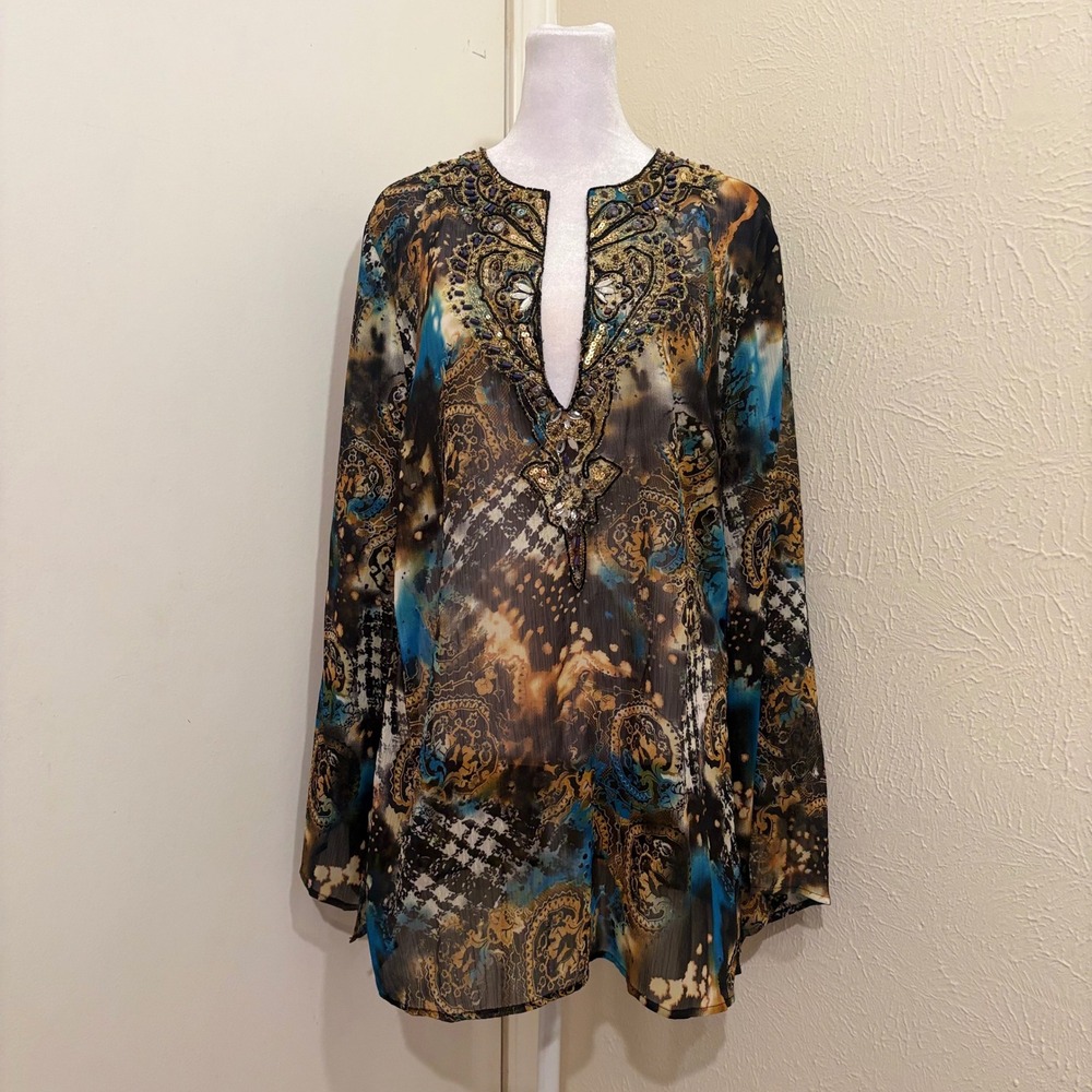 Brown Blue Gold Beaded Geometric Tunic Top Sheer Long Sleeve Boho Hippie Rustic